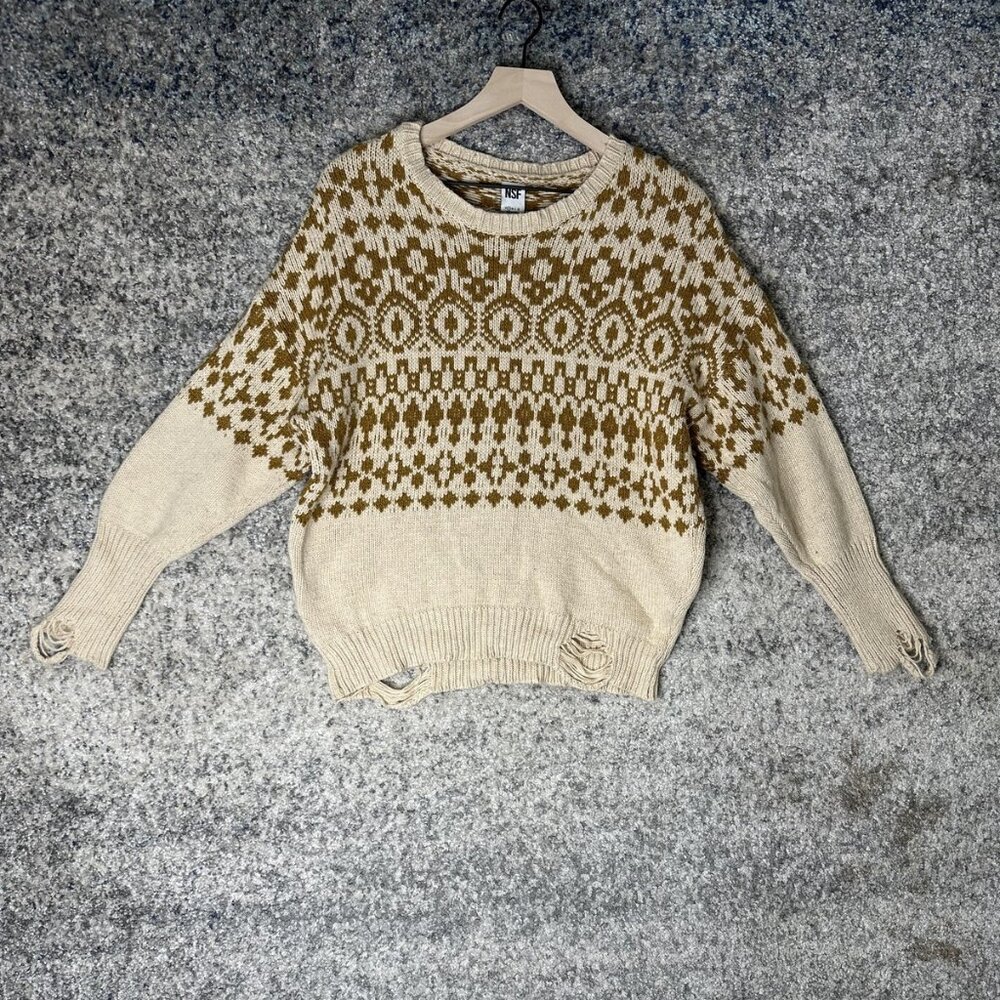 NSF Sweater Womens Small Cream Brown Fair Isle Merino Wool Distressed‎ Knit